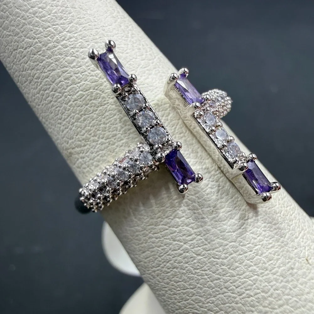 Bomb Party Staggered Beauty Size 6 Ring Dark Amethyst CZ RBP5775 Rhodium Plated